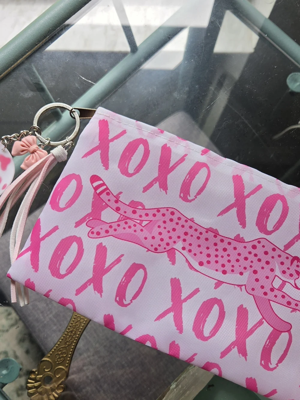 Pink XOXO Leopard Pouch with Tassel Keychain